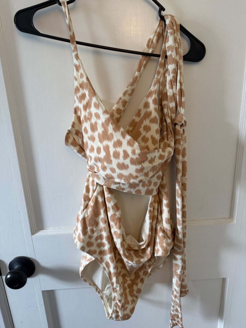 aerie Cream and Tan Printed Wrap One-Piece Swimsuit